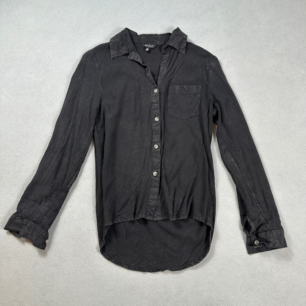 SIM & SAM Button Down Shirt Women's S Black Rayon Long Sleeve Hi Lo Collr Pocket